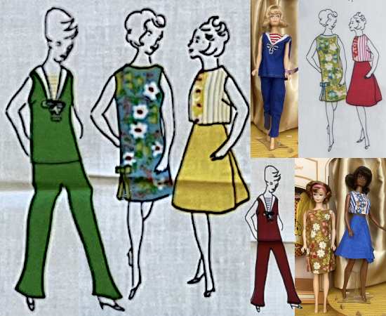 Multi-paneled iamge. In the main panel a character with bouffant hair stands, one toe extended, wearing a sleeveless sailor type top and pants, all in green with a yellow striped section inside the white collared V-neck of the top (the panel, collar, and a white bow are all screened onto the fabric of this look, not dimensional). Next to her a pair of figures with short styled hair stand facing each other, elbows jutting to either side. One wears a flowered sleeveless green shift with bow details at the slits on either side near the hem, the other a yellow wrap A-line skirt and sleeveless top with yellow stripes on white and a row of yellow flowers running down the front. In smaller panels, Midge wears the sailor look but in blue; another illustrate character wears it in red; illustrated characters wear the flowal shift in more of a yellow and the skirt and top in red; and Cool Collecting and Julia wear the flowered shift in a mustard shade and the skirt and top in blue.