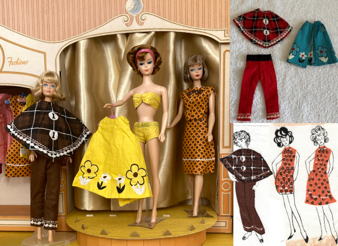 In the main panel, the Fashion Shop scene. Cool Collecting wears a yellow two-piece swimsuit and hold, on a hanger, a trapeze-shaped yellow coverup with flowered border. Behind her stands the ash American Girl wearing a knee-length skirt in orange with small brown pattern, with a rick-rack-look border a little above the hem, and matching sleeveless top with printed-on brown bow. Next to the stage stands midge in brown slacks with white trim near the bottom and a brown,black,and white plaid cape with oversized white buttons printed on. In a smaller panel, a blue version of the coverup and red version of the cape look are laid out, and a third panel shwos the illustrated characters--all facing forward, with their weight on their right leg, right hip slightly out, slight bends in the arms--basically these three are all copies of each other with different hairstyles--wearing the brown cale and two versions of the orange look, one with A-line skirt as Barbie wears and one that looks like kind of a poufed skirt but that I reveal in the text is bloomers.