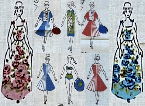 Printed figures on fabric. One wears a floor-length gown with oversized, vivid roses seemingly painted on, either in pink or blue. Another wears a flared skirt, color blocked with half in white and half in blue or red with polka dots. She is shown facing front and back; from the back, her top has the same blocks but on opposite sides, for an overall big checkerboard effect. Facint front she wears a matching jacket in the solid color of her dress with white/polka dot trip and carries a hand bag. We saw the blue version of this in a mislabeled eBay listing toward the top of the post. The final figure wears a two-piece, strapless green swimsuit with blue trim and holds a wide-brimmed green hat with blue brim. A second view shows her coverup, green with blue trim and oversized white flowers centered on her right hip, emerging up down and across.