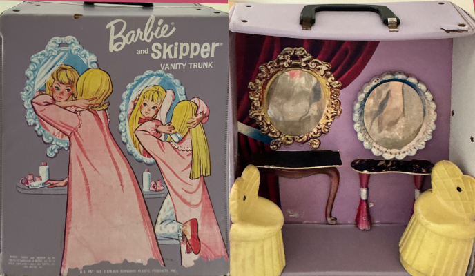 Two panels, first the exterior of a carrying case labeled "Barbie and Skipper Vanity Trunk" with an illustration of blonde Barbie and Skipper fixing their hair at two mirrors; Skipper's is lower on the wall than Barbie's. They wear pink robs and Skipper's leg in a pajama pant and red slipper is visible. In front of them are two narrow tables or shelves covered with cosmetics. Right panel is the case interior, inside which the two mirrors are attached to the wall over two slim shelves, each on two legs that are molded onto the wall. In front are two ruffled yellow chairs with heart-shaped backs, molded from plastic.