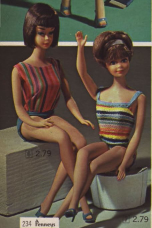 Color photograph in which bend-leg Barbie (dark hair in sleek bob) and Midge (reddish hair puffed up around a wide headband are seated, Barbie on a slightly higher block, Midge on a lower cylinder or bucket (?), legs bent and crossed, wearing their striped swimsuits and open-toed teal shoes. Barbie faces inward toward Midge who has her hand raised.