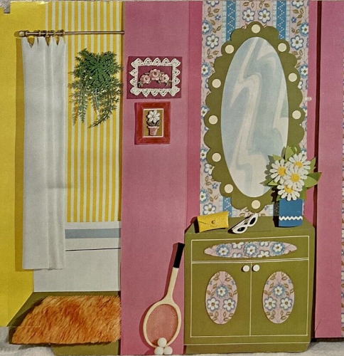 Wall details that look like a paper collage. Atop an olive green vanity with long mirror sits a yellow envelope clutch, a pair of white cats-eye sunglasses with blue frames, and a pot of dailies. Wall art continues the flower motif. A racquet leans on the vanity, accompanied by a little pyramid of three white balls. To the left, there's an appearance of a recessed area with a shag area rug, a white tub, white shower curtain, yellow striped wallpaper, and a plant hanging on the striped wall.