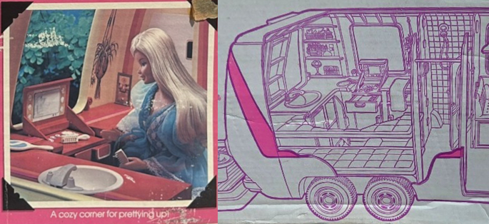 Two panels from Star Traveler bus packaging. Left is a photograph of Superstar Barbie sitting next to an L-shaped counter. To one side is a sink with white basin and silver fixtures; to the other a mirror opens up from the counter by raising a lid. Space for cosmetics is illustrated beneath. The second is a line drawing of the bus with part of the exterior cut away. We can see the same corner with sink and mirror in the back of the bus, along with a drawer that opens out beneath the vanity and two bunk beds completing the horseshow shape of the back room. Next to this room, off a narrow hallway, is a tight tile-look stall with shower head. Opposite the shower stall, across the hall, looks like a coat closet. The van continues beyond the edge of the frame.