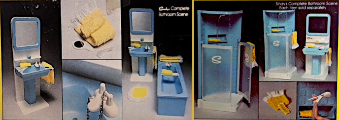 Several picture from box packaging of (as text on the images indicates) "Sindy's Complete Bathroom Scene." The pieces are all a medium blue color with some white accents, and consist of a washstand (sink with wall-mounted mirror on a bit of white wall), bathrub, and shower stall with two clear plastic doors, both embossed with an "S" that come to about chest height. Also shown are yellow washcloths, ruggs, and towels hanging from assorted towel bars.