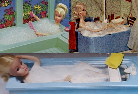 3 panels of photos showing blonde fashion dolls immersed in blue or green bathtubs full of suds.