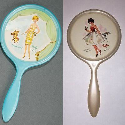 Two images of circular handmirrors with handles lying facedown. One is the color of turquoise and features an illustration of blonde bubble cut Barbie in the Golden Girl sheath. Behind her, the matching fur-trimmed coat is flung over a straight backed chair. She holds a gold clutch. Surrounging the immage is a billowy green curtain with gold rope and trip. Right brunette bubble cut Barbie wears the Silken Flame dress without its wide gold belt. She appears to hold a tea cup. In the background is a table.