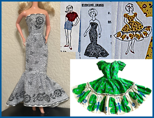 Multi-paneled image. At left, a doll's body is used to model a dress made from craft cotton with a black or grey lacy pattern printed on. The dress is strapless and mermaid-shape, similar to Solo in the Spotlight. At lower right, photo of a fit-and-flare dress laid out flat. The dress is primarily green with blue flowers, full skirt and puff sleeves, with a wide white band around the skirt bottom printed with green-and-blue butterflies. The top right portion of the image is filled with three line drawings: a bubblecut look figure in the mermaid dress; a second bubble in the butterfly dress, except in yellow; and a ponytail in a short-sleeve shirt and shorts.