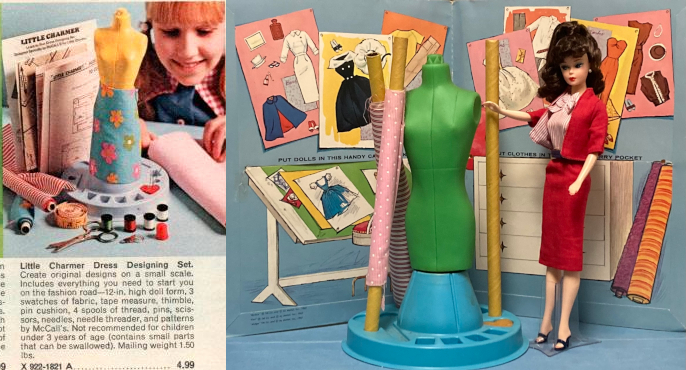 Left is a color catalog image showing a doll-sized, yellow dress form wrapped with a blue floral fabric at skirt height. Around it are small rolls of fabric (pink, blue, and red-and-white striped), thread, scissors, paper patterns, and a needle threader. A smiling child fingers one of the fabric rolls at the back. Text says: "Little Charmer Dress Designing Set. Create original designs on a small scale. Includes everything you need to start you on the fashion road--12 in. high doll form, 3 swatches of fabric, tape measure, thimble, pin cushion, 4 spools of thread, pins, scissors, needles, needle threader, and patterns by McCall's. Not recommended for children under 3 years of age (contains small parts that can be swallowed). Mailing weight 1.50 lbs.... 4.99"
Right is a photograph in front of the same paper doll folder as the top image in the post, this time showing a nostalgic fair-skinned, brunette ponytail Barbie doll in a red skirt-suit with red-and-white striped blouse standing next to a green dressform that is about her height but only modeling a figure from about knee to neck--in other words, the full scale figure the form represents would be about half again as tall as Barbie. Its bust, hips, and waist all seem about twice as wide as hers. The form is encircled by little fabric rolls on cardboard tubes: one red-and-white striped, one pink with white polka dots, and one bare cardboard tube.