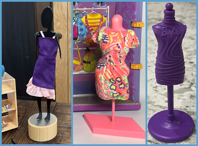 3 panels showing later mannequins. Left is a black plastic molded form that is flat, 2D like a gingerbread person, but with its head and arm angled out for a 2.5-D effect. It has two legs inserted into a round base. It wears a purple sundress with wide ruffle bottom and stands next to a store counter that is mostly out of the frame. Center is a bright pink dressform with trapezoidal base, wearing a splashy, bright abstract-patterned dress in neons and standing before an illustrated clothing rack on a purple background. Right is a purple dressform with a psychedelic swirl pattern texture and the Barbie signature across the chest.