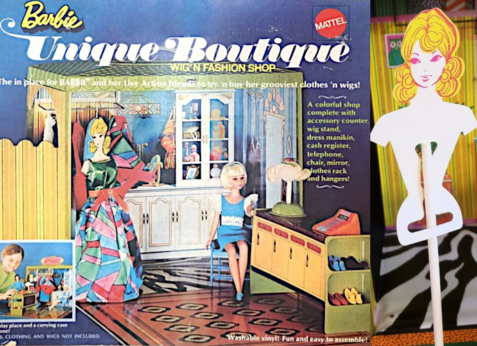 Two panels. Left is the Unique Boutique box which shows the shop opened out, with Francie seated next to a counter with a hatstand and register, and across from ther the mannequin, a flat carboard piece illustrated with the face and head of a woman with curly yellow hair attached to a coatrack-like base, swearing a long dress with a metallic green bodie and a multicolor skirt with stained glass mosaic print. At right is a closeup on the mannequin sans clothing, showing Venus de Milo arm stumps and the coatrack base. The dolls face is detailed in pink ink in this shot.