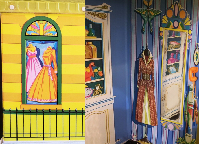 Details of the Unique Boutique playset's vinyl walls. First panel, an exterior of yellow wall with a window in which two dresses: one sleevelss and pink, one long-sleeved, orange with pink trim, are on headless yellow mannequins; the second, an interior shot of striped blue walls, a long mirror that actually reflects the adjacent shelving illustration, and (still illustrated) a black dress stand with a know atop the next instead of a head, and displaying a belted animal-print coat over a white or off-white skirt.