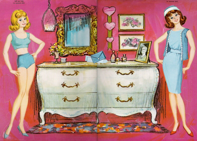 Interior of a different paper doll folder that was just for Midge. The two Midge paper dolls have not been cut out, so the whole forms a nice illustration. Blonde and ginger Midge stand to either side of a dresser, each with one hand on hip, leaning inward. At left, blonde Midge wears a two piece swimsuit in two shared of blue and blue closed-toe shoes. At right, the second Midge has been digitally "dressed" in one of the set's fashions, which is Sorority Meeting but in a church-y powder blue. The ensemble consists of a sheath with knit vest trimmed in white, plus matching brimless hat. The figure's shoes are red as those coordinate with the bathing suit beneath. Between them, the dresser is white with gold trim; a colorful rug runner sits before it; along the dresser top are a vase of flowers, some little perfume and cosmetics bottles; and a b/w photo of (probably) Allan. Also overlaid is a little accssory from the set: a pair of white gloves and powder blue envelope clutch. Rounding out the scene are a pendant light, a gold-framed mirror, some hearts affixed to a ribbon, and two framed pictures of what looks like flowers along the wall. The background is shaded in pink and red.