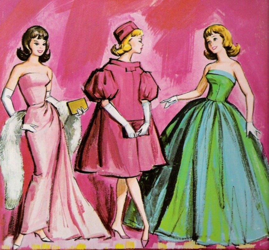 Color illustration of three Midge characters with flip hairstyles standing in a row; L-R they are brunette, blonde, and ginger, and wear Enchanted Evening, a slim, strapless evening gown in frosty pink with train, white fur-like stole, and opera-length white gloves; red flare, a tent-shaped, knee-length red coat with puff sleeves, short standaway collar with bow trim, matching red pillbox hat, and elbow-length white gloves; and Senior Prom, a strapless, full-skirted gown in green with blue trim and sheer blue overskirt plus short white gloves.