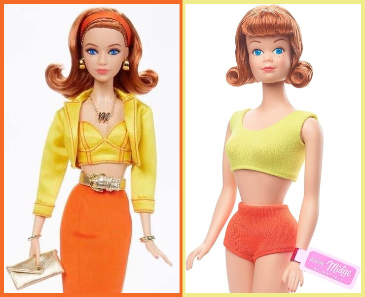 Two panels showing product photos of modern, ginger Midge dolls. At right, the silkstone, looks true to the vintage original. Her curls are tight (as 1963 Midge's came) and hair looks glossier than the 60s version. She has her two-piece yellow and orange swimsuit and pink wrist tag. At left, a new interpretation with a modern heart-shaped face sculpt done in 60s-appropriate makeup, a wide orange headband, and a longer, bigger flip hairstyle reminiscent of Francie's. The doll has a new clothes conception that calls back to the two-piece suit, with a yellow cropped bustier-type top, cropped yellow jacket (these both look leather with orange topstitching), gold belt, and long orange skirt which hugs the body to the knee (as far as this image goes) then flares out. She carries a gold envelope clutch and wears two gold bracelets, big gold earrings, and necklace. On the accessories front she could have taken Chanel's advice and removed one thing, in this author's opinion, but I guess for charity they don't hold back.