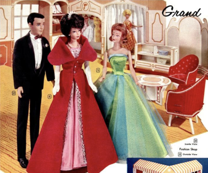 Glossy color prohotgraph of characters occupying the Fashion Shop play set. Dark-haired Ken, at left, wears a black tuxedo. Brunette bubble cut Barbie, center, wears Sophisticated Lady, a pink ballgown with tiara and red evening coat. Midge, beside her, wears Senior Prom again. In the background, on the play set's stage, blonde bubble cut Barbie models Dinner at Eight.