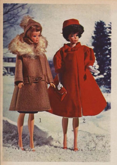 Color photo from a catalog shows Midge (ginger) and Barbie (dark bubble cut) standing in a snowy scene with bare trees, evergreens, and a bit of house in the distance. Midge wears a gently flared brown coat with fur collar and matching hat, while Barbie wears Red Flare and carries a matching red velvet envelope clutch. Both wear open-toed shoes: Midge's in white and Barbie's in red, while standing on a snow-look surface. Besides the second-hand pain I feel for their toes, the whole is a surprisingly tranquil scene.