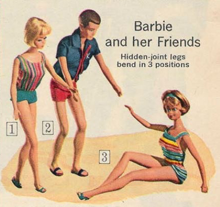 Color catalog image of three dolls. Text says "Barbie and her Friends; Hidden-joint legs bend in 3 positions." All wear swim attire. Sandy-haired Midge sits on the ground, legs extended, one knee bent. One arm behind her, one extend up and out toward the others, who stand and bend toward her, their own arms extended (Barbie in blonde bob, Ken with medium brown hair painted-on). There is no real background to the photo, but a beach scene is suggested by a wash of sandy color behind the figures.