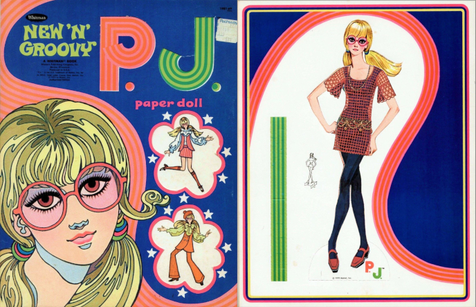 A 1970 "New 'n' Groovy" P.J. paper doll folder and paper doll are shown. On the doll and an illustration on the folder, P.J., with long blonde ponytails, is seen wearing oversized glasses and a bored expression. The doll is digitally dressed in a skintight black unitard (or tank and legginds) with a bell-sleeved reddish crochet overdress, low-slung belt, and mary janes.