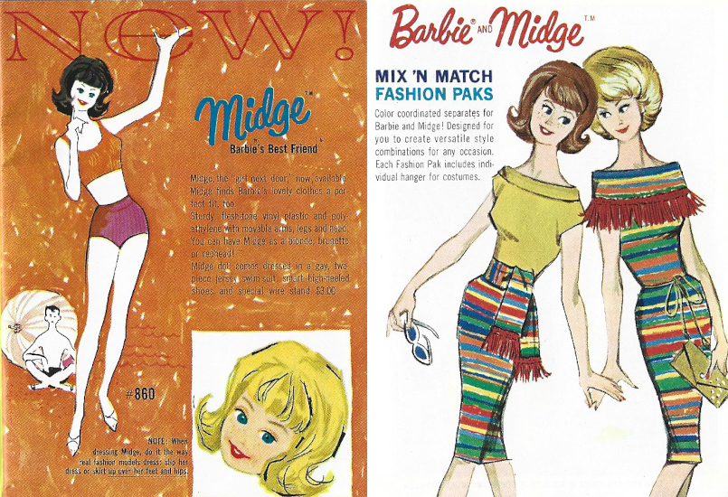 Two panels showing color illustrations from the little booklets that came with Barbie dolls. Left, on an orange background, is a very simplistic rendering on brunette Midge in a two-piece swimsuit colored pink and orange, holding on hand to her chin and raising one in the air with a flourish. Text says New! Midge, Barbie's Best Friend, #860, along with smaller, blue text that can't be read at this resolution over the bold orange scribbled background. Behind Midge is a line drawing of a boy in swim trunks sitting under a beach umbrella, and in an inset is a drawing of blonde Midge's floating head. At right, on a white background is a more detailed drawing of ginger Midge and blonde bubble cut Barbie, thier heads leaning close, hands touching, and bodies angled away from each other, wearing pak knit separates. Midge wears the yellow knit top with rainbow striped skirt and sash belt, and holds the white glasses with blue lenses in one hand, while Barbie wears the rainbow dress with fringe collar and holds a gold enevelope clutch. Text says "Baribe and Midge mix 'm match fashion paks; color coordinated separates for Barbie and Midge! Designed for you to create versatile style combinations for any occasion. Each Fashion Pak includes individual hanger for costumes."