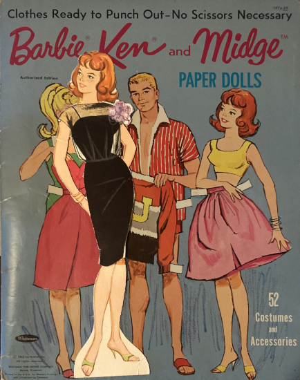 Color photograph of a vintage paper doll photo for Barbie, Ken and Midge Paper Dolls ("Clothes Ready to Punch Out - No Scissors Necerssary"; "52 Costumes and Accessories"). Illustrated on the folder are the three characters (blonde ponytail Barbie, blond Ken and your usual ginger Midge) in their swimwear and holding garments before them--but the garments, though same-size as the lifelike characters, are the paper versions with tabs sticking out. An aside, I absolutely love the surreal conceit of this illustration, although its execution here is kinda milquetoast. Anyway, lying atop the folder is the actual Midge paper doll "dressed" in one of the fashions: A black sheath with sheer, loose top and large pink flower on the shoulder. It's not based on an actual Mattel ensemble--the fashions in this set weren't, though those in the illustrations on the folder are all real. The paper doll's pose is with body angled slightly toward the viewer's right, with head turned to our left looking over she shoulder. She has her spray of frecklers and a mild half smile.
I digitally darkened the background folder to let the paper doll stand out in this photograph, hence "stealing the spotlight" in the caption.