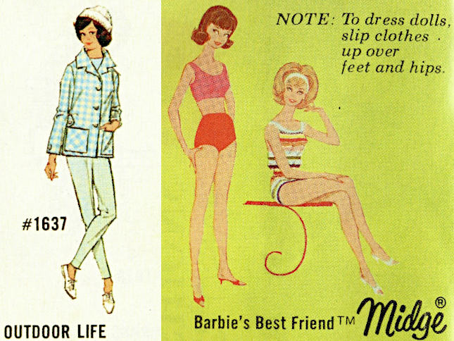 Two panels from one booklet debuting the "posable" bend-leg dolls. At left, on a white background, brunette Midge models #1637 Outdoor Life: a blue-and-white checked jacket, white slacks, and white flat-heeled shoes, alond with a white knit cap. Truthfully, the main thing that distinguishes Midge from American Gril (bobbed-hair) Barbie in this catalog is Midge's ubiquitous headband which is covered here, but I did some close comparisons with definite Midges of her sweet face and sideswept bangs to declare this a Midge. Second panel, on acid green backdrop, ginger Midge in two piece pink and red bathing suit and red open-toed heels stands beside new posable Midge, who is seated in her one-piece rainbow-striped, belted swimsuit, with white open-toed heels, white headband, rather bouffant blonde short-cropped hair. The image is labeled Barbie's Best Friend (TM) Midge (R). Note: To dress dolls, slip clothes up over feet and hips.
