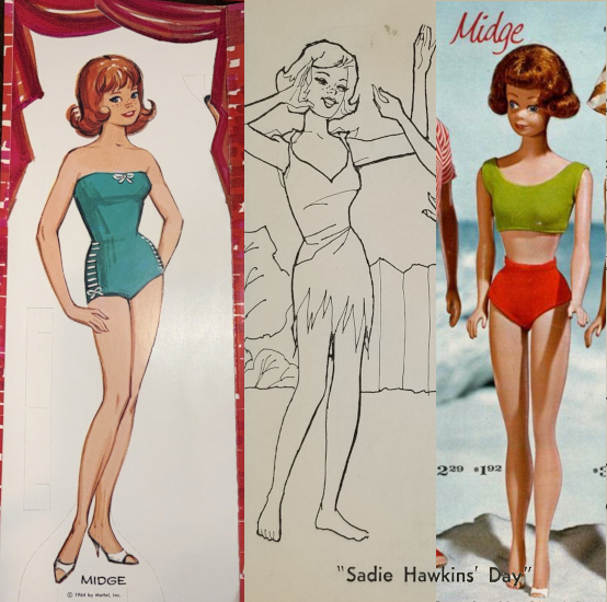 Three panels.
Left, ginger Midge paper doll from a Little Theater themes set. She wears strapless shapewear in teal that laces up the hips. Center, line drawing froma coloring book shows Midge wearing a short slip dress with tattered hemline, waving her arms. Caption says "Sadie Hawkins Day." Right is color (maybe colorized or airbrushed) catalog entry showing Midge with tightly curled flip, wearing a two-piece swimsuit with bright green top and red bottom (a combo that was not offered, but maybe the yellow didn't come out), standing before a beach scene.