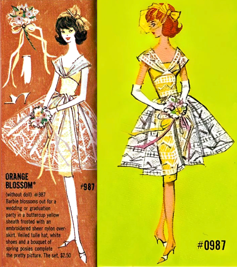 Pair of color illustrations from fashion booklets, these both show Midge in Orange Blossom: strapless yellow knee-length sheath with lace fit-and-flare overdress, plus hat or hair ornament of bow with short veil. At left, from the first Barbie, Ken and Midge booklets, a very simple kinda pointy rendering. Midge has dark hair, alabaster skin, short white gloves, on an orange background. Right, on an acid green background, a more detqailed illustration from a later "Exclusive Fashions" booklet, Midge hs red hair and gloves over the elbow. Both have one foot extended forward with toe pointed to emphasize the slimness of the sheath. Both carry a bouquet and each has her body pointed slightly outward, away from one another, while the ginger Midge's head is turned to look in profile toward her earlier iteration. Ginger Midge wears the veil over her eyes.