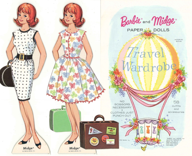 Two copies of a Midge paper doll who is a dead ringer for the Little Theater Midge paper doll, only facing the opposite direction. One is "dressed" a white sheath with black trim, wide black belt, black polka dots--one of the Sew-Free fashions--and carrying a black hatbox. The other is "dressed" in a white fit-and-flare dress with colorful butterfly print, pink trim, pink buttons down the bodice; she's surrounded by a light green suitcase that very matchy with her prink, and a brown suitcase covered in travel stickers. (Note: I added these accessories from the paper doll set to the scene, so match-y or non-matchy is my doing.) While these fashions are up-to-date, Midge herself is not. To the right, a second panel shows the cover of this set: in pastels is drawn a rainbow-striped hot air balloon festooned with ribbons and flowers and, ranged around the basket, little drawings of dresses each in a different solid, candy color. Text reads: Barbie and Midge paper dolls Travel Wardrobe, no scissors necessary, clothes just punch out, 58 outfits and accessories.