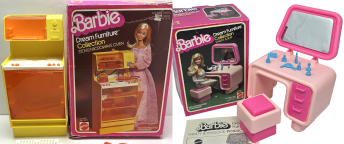 Pieces of Dream Furniture sit next ot their boxes. Left is a stove and microwave combo in yellow plastic with white cooktoop and translucent orange doors; right is a light pink vanity with dark pink drawers and mirror frame, blue cosmetics containers and whatnot (non-functioning), and two-tone pink stool or what the packaging calls a hassock. The packaging features photographs of blonde Superstar Barbie using/showing off the furniture.