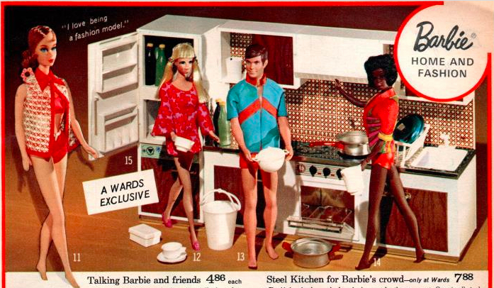 Color catalog entry. Talking Barbie, with Christie, PJ, and Ken stand in front of one wall of a kitchen in white with woodgrain cabinet doors. Dishes are arrayed around them on the floor. A quote, "I love being a fashion model," hovers near Barbie. "Barbie home and fashion" is printed in one corner. The kitchen is $7.88.