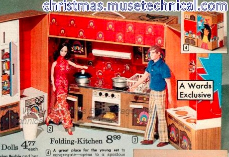 A larger kitchen that folds open from a carrying case, mostly in red; the wings opening out add area for storage and surfaces. The food is no longer on the floor. Folding-Kitchen $8.99.