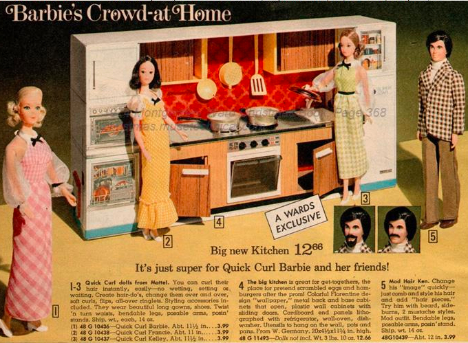 Color catalog, Quick-Curl Barbie, Francie, and Kelley with Mod Hair Ken stand before another one-wall kitchen. This one has no unifying color theme, with a red back wall, light wood look cabinets with darker brown doors, and white appliances rendered on either side. Prices have gone up: "Big new Kitchen $12.66"