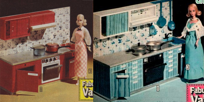 Two more one-wall kitchens, reduced in size from previous offerings. They are the same shape as one another with a floating cabinet and range hood, a printed backdrop, white counter with range and sink over cabines and drawers in the same color as the top cabinet. Left the color is reddish brown, right is teal woodgrain with white trim. Both are modeled by Quick Curl Barbie, at left in her rustic pink dress and at right in a floorlength teal dress with flounce and white crochet shawl.