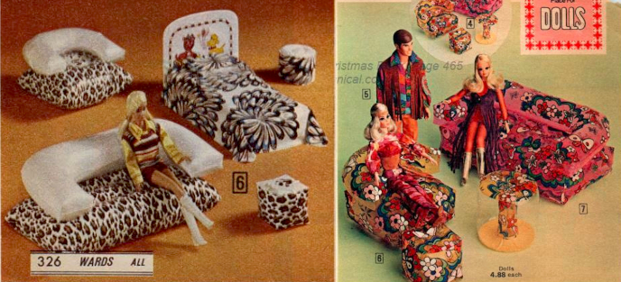 Two color catalog images featuring inflatable furniture. Left, sofa, chair, side tables/stools, and double bed in black-and-white, leopard print in the living room and graphical flowers for the bedroom pieces, all with white trim. Malibu PJ sits on the sofa. At right, colorful sofa, chair, ottoman and side table in psychedelic floral prints on yellow and pink. Live Action Barbie, PJ and Ken occupy the space.