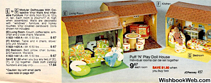 Color catalog listing for three one-room "houses" with yellow walls and brown roofs. One room overflows with green-and-orange floral-y couches, chairs, and coffee table; one has a circular table with stools in white, yellow, and brown with an inflatable oven/sink combo; and one in a floral-patterned bed, chair, and stool with an inflatable chest of drawers (non-functioning). Blonde Barbie sit in chairs in two of the rooms. Some of the text reads:
"Puff 'N' Play Doll House, Individual rooms can be set together, $9.67 each room, SAVE $1.50 when you buy two."
"Modular Dollhouse with Collapsible Vinyl Walls And Inflatable Furniture. For dolls from 8 1/2 to 12 1/4 in. tall. Each room is 20x21x17 in. high when assembled. Walls are decorated with "windows", furniture and homey touches, Vinyl covered cardboard. Dolls shown not included."