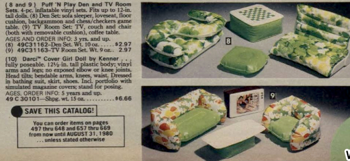 Color catalog entries for two more Puff 'N' Play sets in green and white with flower prints. Top is an armless loveseat, an s-shaped chair pair, an ottoman, and a checkerboard/table; below is a sofa and chair with white-topped coffee table and TV on the floor. Test identifies these as "Puff 'N' Play Den and TV Room Sets." The text IDs the armless loveseat as a "sleeper" so maybe it folds out, the S-shaped chair pair as a loveseat, the ottoman as a "floor cushion." They are each $2.97.