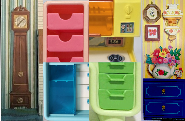 Collage of elements from Mattel 70s rooms and furniture: A grandfather clock illustrated on a wall with blue striped wallpaper behind it; foour drawers or cabinets in plasti furniture in pink, yellow, greena dn blue; and another wall screening of a blue chest of drawers topped by a pitcher of flowers in front of yellow-striped wallpaper also holding a Tiffany lamp, framed butterfly, and hexagonal frame with maybe in illustration of flowers inside.