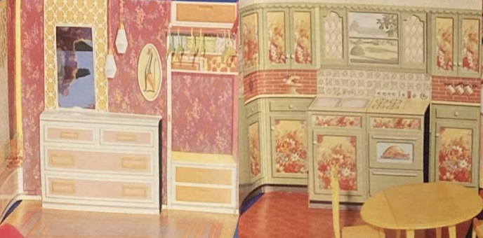 Two paper/chipboard walls with furniture illustrated on. Left, marbled pink wallpaper, a silver reflective mirror, chest of drawers, freestanding wardeobe (but still an illustration), pendant lights and an oval piece of framed art that I think looks like a penguin but probably isn't; right, green kitchen vabinets and appliances, brick wall with tile splashguard, floral print inset on the fronts of all the cabinet doors, and a window over the sink looking out on countryside.