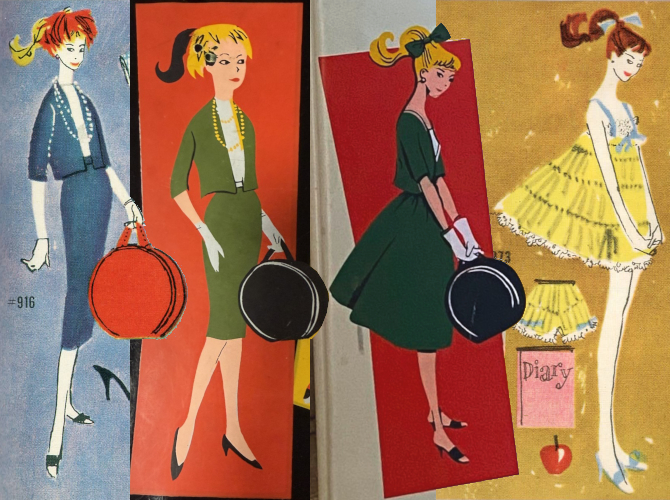 Row of four color illustrations of ponytail Barbies. At left, booklet sketch of blonde ponytail wearing the 1959 Commuter Set fashion: navy suit with cropped blue jacket and pencil skirt, white blouse, short white gloves, two longish strands of white beads, red feathered crescent hat, red hatbox held in the left hand, and black open-toed shoe. Next, an illustration from a carrying case of the same outfit on the same figure. Main differences are in the colors, with dark ponytail, green suit, yellow hat and beads, black hat box, and black closed-toed shoes. Next, a second carrying case illustration. Barbie is more in profile with head lowered and both hands holding the hatbox; the suit's skirt is full and the shoes open-toed. Barbie is blonde. Her hat is gone and she wears a green box in her ponytail. Right, booklet sketch of brown-haired Barbie in a short, frilly, yellow nightgown or negligee in the same pose as the second carrying case doll. Her hair bow is the same but in light blue. Her nightgown billows behind her similarly to the last figure's skirt. Her hands are clasped before her with no hat box. She wears light blue mules. Floating next to her are matching shorts, a diary and an apple.