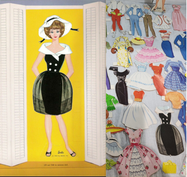 Left, a bubblecut Barbie paper doll with light brown hair wears the fashion After Five, including its white picture hat and black open-toed shoes, except the full skirt of the original outfit is replaced by a narrow skirt with full, sheer overskirt, both black.
Right, the same paper doll fashion sits loose among a number of others, including American Airlines, Cruise Stripes, Plantation Belle, Evening Splendour, Movie Date, Sheath Sentation, Let's Dance, Silken Flame, Garden Party, and the black cocktail dress mentioned in the text, a sheath silhouette with bow just below the bust and short, slightly bouffant sleeves. I don't know if I can really discern this from the hand-drawn paper doll fashion but it looks to me like it may have a velvety texture.