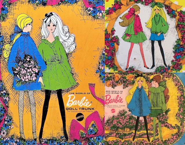 Images from three mod World of Barbie and Barbie and Stacey cases, each with two figures: Stacey with low ponytail and Barbie with hair worn long with bangs and a little bow at top. The figures wear a variety of minidresses and miniskirts with wide skirts, bellowing sleeves, colorful tights, wide collars, and decorative trimmings. One Stacey, in the top right, wares a green skirt, green jacket with pink ruffle trim, pink top, tights, and hair bow.