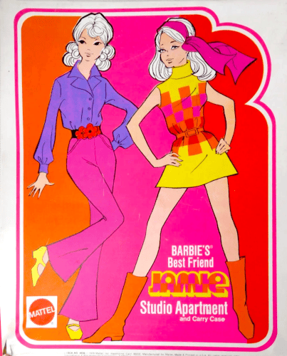 Two characters illustrated on a case in a flat, graphical style. Both have peach skin color and white-blond hair. The character at right wears Jamie's original outfit: Yellow minidress with pink, orange and red checks, orange belt and boots, pink hair scarf. Character at right has curls bound at the nape of her neck, wears a purple button-up shirt, pink flared trousers, yellow mary jane shoes, a black belt with red flowers. Text reads "BARBIE'S Best Friend Jamie Studio Apartment and Carry Case."