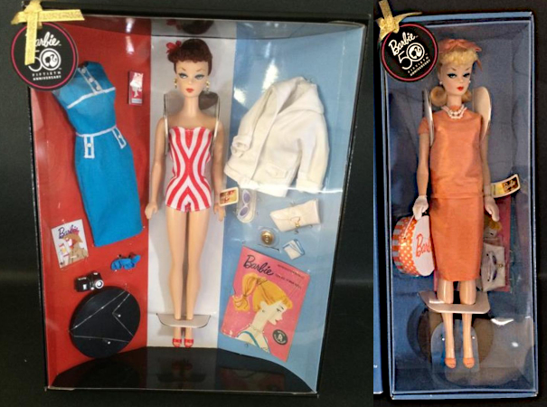 Two boxed dolls with nostalgic face molds and retro styling. At left, a brunette ponytail wears the red striped swimsuit with red flower in her hair and red open-toed shoes. Also contained in her box are the white-trimmed teal sheath, white jacket, white sunglasses, white envelope clutch, a compact, a handkerchief, teal open-toed shoes, a camera, a peg stand, a pink ponytail booklet, and other miscellany. At right, blonde ponytail Barbie wears the chemise in salmon with same-color open-toed shoes, a matching crescent or pillbox hat with bow, and two strands of white beads. Also in her box are white sunglasses, a Barbie hatbox in white and salmon, a peg stand, and more.