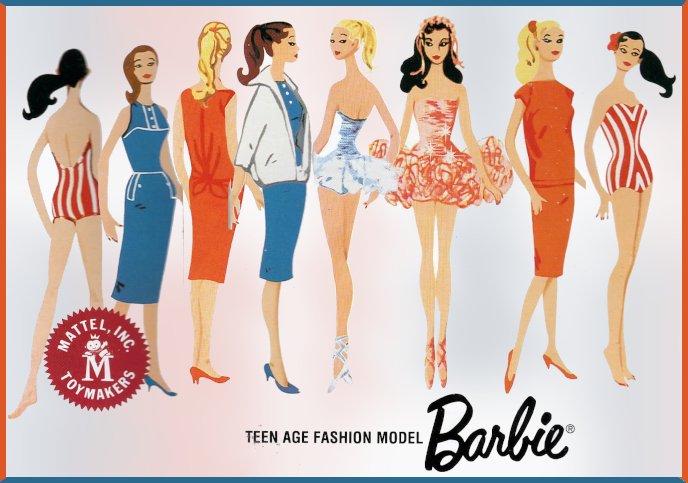 Row of 8 figures from the illustrations decorating Barbie's early packaging. Two figures each model four looks:
A dark brunette ponytail Barbie wears a red-and-white-striped, strapless bathing suit. The stripes are vertical in the back; in the front they converge toward her waist forming chevron Vs above the waist and inverted below. In one image she wears a red flower in her hair. Her feet are bare.
Lighter brownette ponytail Barbie wears a sleeveless teal sheath dress with white piping and buttons. In one image the dress is covered by a hip-length, loose-fitting white jacket with elbow-length sleeves, which hangs open except right at the bottom. With its collar with pointed lapels, it looks a bit like the Winter Holiday coat but lacking a tie belt and with shorter sleeve. She wears closed-toed heels in the color of her dress.
Blonde pontwail Barbie wears an orange, drop-waisted chemise with tie back at waist. She wears closed-toed heels in the color of her dress, and in one image it appears she has a matching hair tie.
One blonde ponytail and one brunette with hair worn long wear a pair of ballerina outfits, strapless with tutus and toe shoes, the first in white and the second in salmon pink. The second also wears a matching headband festooned with flowers and ribbons.
All have peach skin color.
Along the bottom, text reads TEEN AGE FASHION MODEL Barbie (R).
Toward the left, overlapping two figures, is a red circular sunburst seal shape that reads MATTEL, INC. TOYMAKERS.