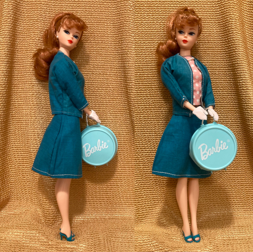 Two color photographs showing the same dressed doll, once from the side and once from 1/4 turned away. 1990s reproduction Titian ponytail Barbie faces somewhat to her left with her head turned facing toward the camera in both shots. She wears a teal suit with 3/4 length sleeves and knee-length A-line skirt; underneath is a pink top with white pola dots. She also wears pearl earrings and necklace, teal open-toed shoes, and short white gloves. In her hands she holds the strap of a light blue circular plastic hat box with the Barbie signature logo in white. Gold fabric is draped behind her.