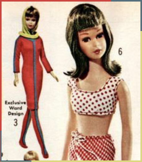 Color catalog excerpt: Francie wears Swingin' Skimmy, a long-sleeved shift in red with yellow standup collar, yellow hood, red stockings, red flats, and blue trim around the neck and down the front center. This version also has the trim running down the front of each stocking and running down the sleeve. There is also a closeup on Francie in her red-and-white, polka-dot-and-checks two-piece swimsuit.