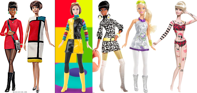 Mattel product images for dolls: Uhura, Yves Saint Laurent's Mondrian, Mod Redux, Pop Life Christie, Barbie Loves Buzz, and Blonde Ambition, all discussed within the post.